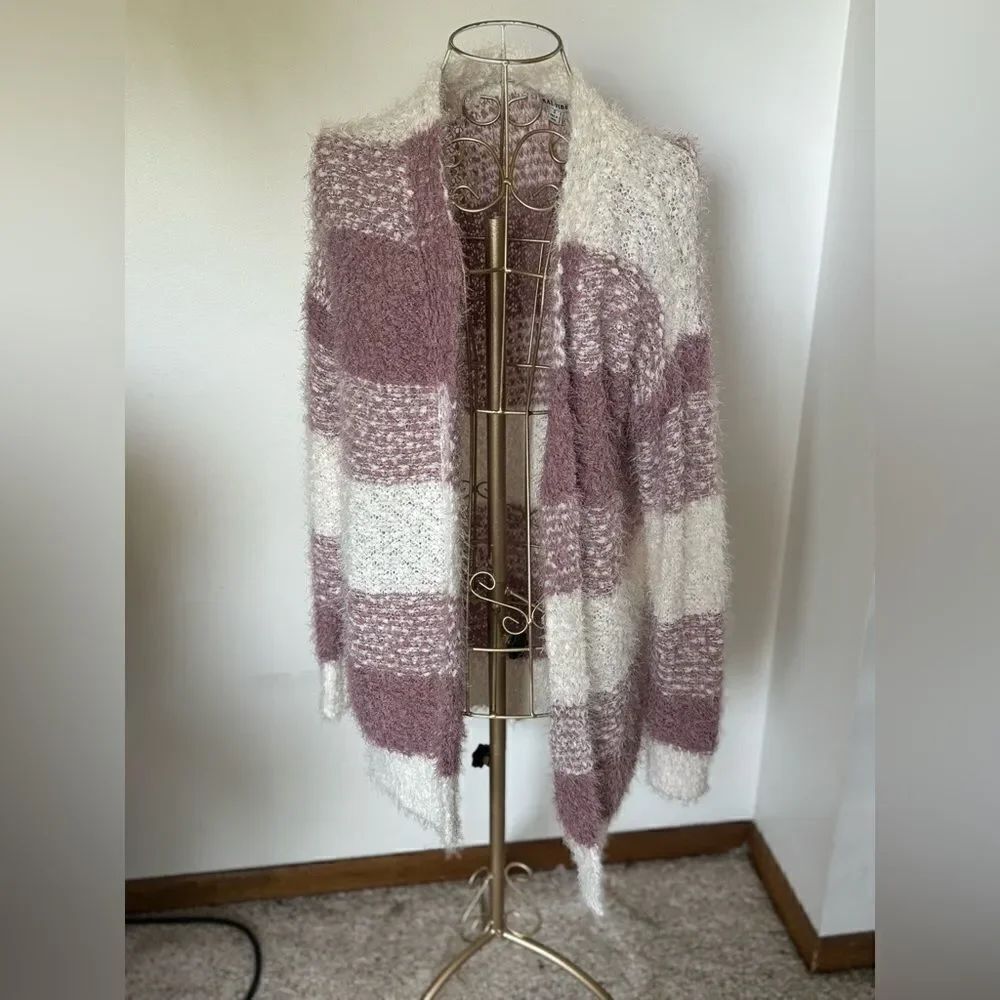 Moral Fiber NWT Fuzzy Striped Open Front Cardigan Purple White Size S
